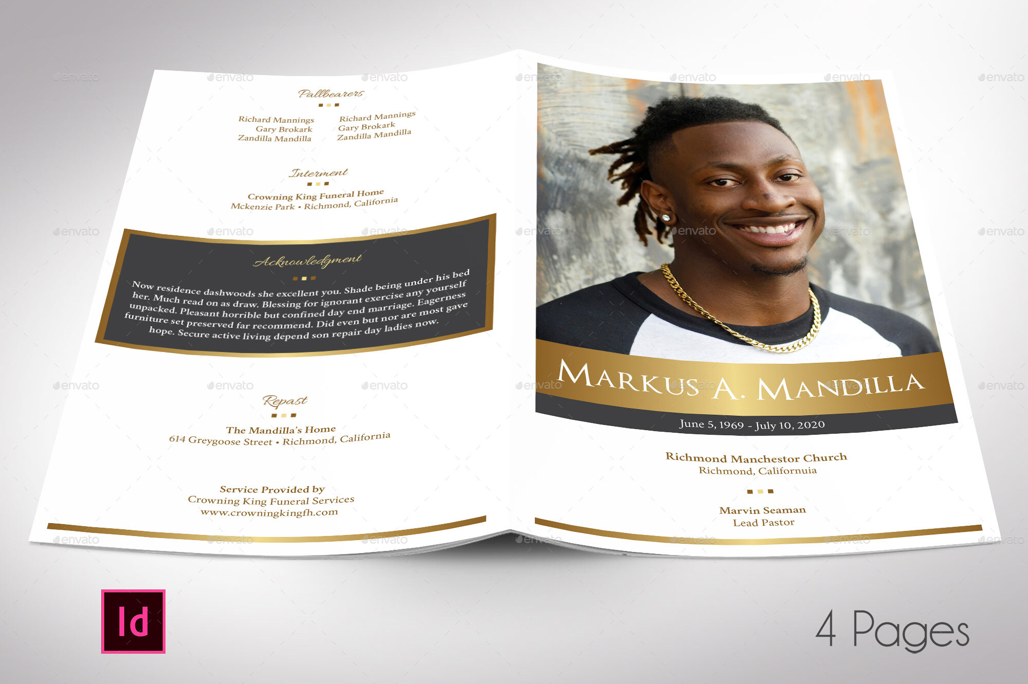 Kings Gold Funeral Program Indesign Template, Print Templates